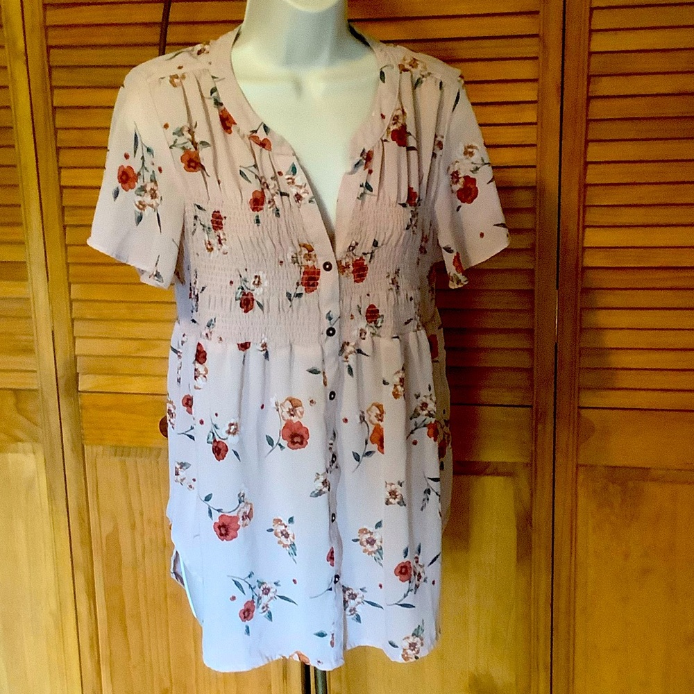 Knox Rose Sheer Blouse Peasant top button front elastic bodice med-LG New